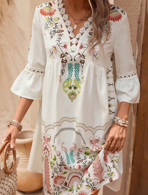 Women's Mini Dress Petite Dress Casual Dress Summer Dress Boho Dress Stylish Casual Vacation Daily Date Regular Fit Floral 3/4 Length Sleeve V Neck Black Red Fuchsia Apricot Summer