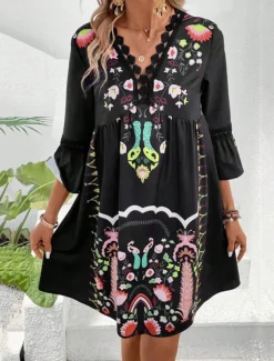 Women's Mini Dress Petite Dress Casual Dress Summer Dress Boho Dress Stylish Casual Vacation Daily Date Regular Fit Floral 3/4 Length Sleeve V Neck Black Red Fuchsia Apricot Summer