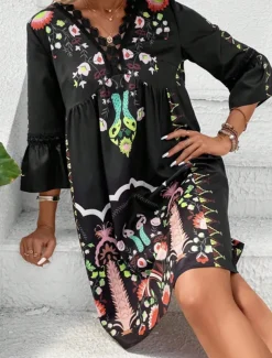 Women's Mini Dress Petite Dress Casual Dress Summer Dress Boho Dress Stylish Casual Vacation Daily Date Regular Fit Floral 3/4 Length Sleeve V Neck Black Red Fuchsia Apricot Summer