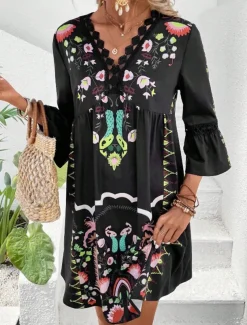 Women's Mini Dress Petite Dress Casual Dress Summer Dress Boho Dress Stylish Casual Vacation Daily Date Regular Fit Floral 3/4 Length Sleeve V Neck Black Red Fuchsia Apricot Summer