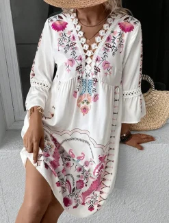 Women's Mini Dress Petite Dress Casual Dress Summer Dress Boho Dress Stylish Casual Vacation Daily Date Regular Fit Floral 3/4 Length Sleeve V Neck Black Red Fuchsia Apricot Summer