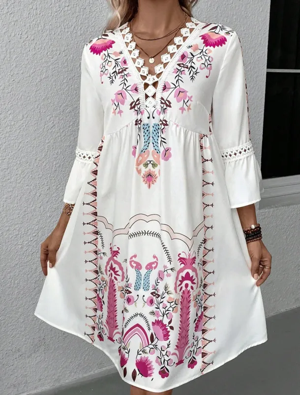 Women's Mini Dress Petite Dress Casual Dress Summer Dress Boho Dress Stylish Casual Vacation Daily Date Regular Fit Floral 3/4 Length Sleeve V Neck Black Red Fuchsia Apricot Summer