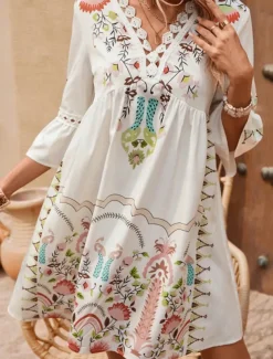 Women's Mini Dress Petite Dress Casual Dress Summer Dress Boho Dress Stylish Casual Vacation Daily Date Regular Fit Floral 3/4 Length Sleeve V Neck Black Red Fuchsia Apricot Summer