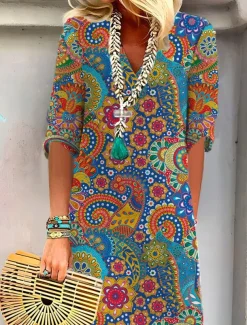 Women's Mini Dress Petite Dress T Shirt Dress Tee Dress Shift Dress Summer Dress Bohemia Vintage Boho Vacation Casual Daily Regular Fit Oil Painting Half Sleeve V Neck Royal Blue Blue