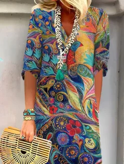 Women's Mini Dress Petite Dress T Shirt Dress Tee Dress Shift Dress Summer Dress Bohemia Vintage Boho Vacation Casual Daily Regular Fit Oil Painting Half Sleeve V Neck Royal Blue Blue