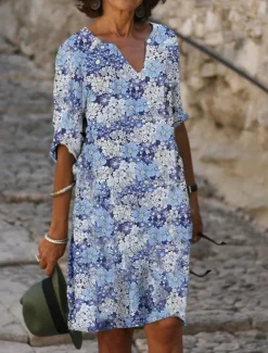 Women's Mini Dress Petite Dress T Shirt Dress Tee Dress Shift Dress Summer Dress Active Vintage Fashion Outdoor Vacation Work Regular Fit Floral Half Sleeve V Neck Pink Navy Blue Blue Gray