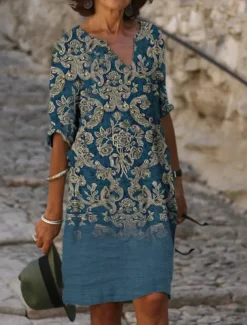 Women's Mini Dress Petite Dress T Shirt Dress Tee Dress Shift Dress Summer Dress Active Vintage Fashion Outdoor Vacation Work Regular Fit Floral Half Sleeve V Neck Pink Navy Blue Blue Gray