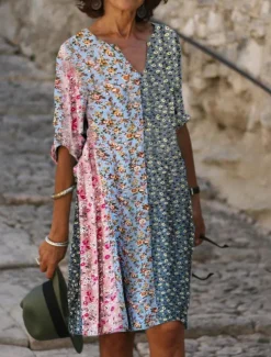 Women's Mini Dress Petite Dress T Shirt Dress Tee Dress Shift Dress Summer Dress Active Vintage Fashion Outdoor Vacation Work Regular Fit Floral Half Sleeve V Neck Pink Navy Blue Blue Gray