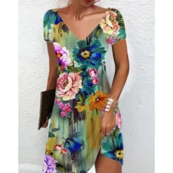 Women's Mini Dress Petite Dress Petite Dress T Shirt Dress Tee Dress Sundress Summer Dress Active Fashion Streetwear Outdoor Vacation Birthday Regular Fit Floral Short Sleeve V Neck Black