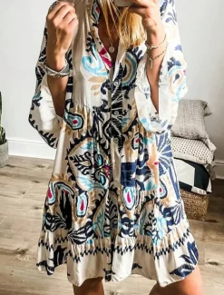 Women's Mini Dress Petite Dress Casual Dress Boho Dress Bohemia Vintage Ethnic Vacation Daily Regular Fit Floral Long Sleeve V Neck Blue Summer Spring