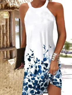 Women's Mini Dress Petite Dress Sundress Summer Dress Slip Dress Active Fashion Streetwear Outdoor Vacation Daily Regular Fit Floral Sleeveless Halter Neck White Royal Blue Blue Dark Green