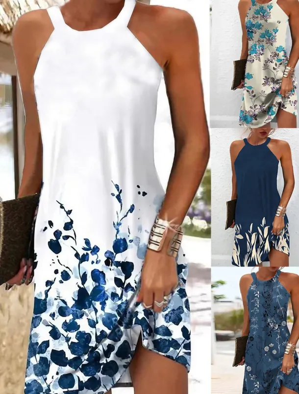 Women's Mini Dress Petite Dress Sundress Summer Dress Slip Dress Active Fashion Streetwear Outdoor Vacation Daily Regular Fit Floral Sleeveless Halter Neck White Royal Blue Blue Dark Green