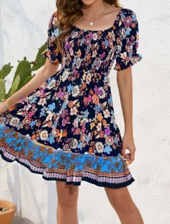 Women's Mini Dress Petite Dress Casual Dress Summer Dress Boho Dress Elegant Stylish Lantern Sleeve Vacation Daily Date Regular Fit Floral Short Sleeve Square Neck Black Pink Blue Summer