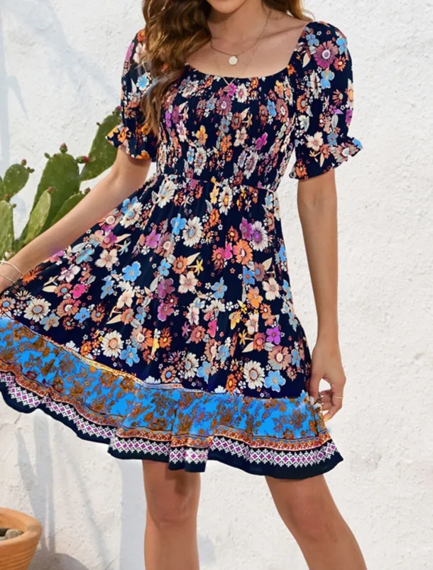 Women's Mini Dress Petite Dress Casual Dress Summer Dress Boho Dress Elegant Stylish Lantern Sleeve Vacation Daily Date Regular Fit Floral Short Sleeve Square Neck Black Pink Blue Summer