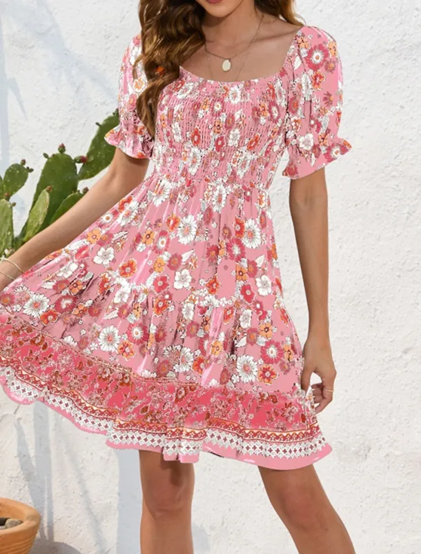 Women's Mini Dress Petite Dress Casual Dress Summer Dress Boho Dress Elegant Stylish Lantern Sleeve Vacation Daily Date Regular Fit Floral Short Sleeve Square Neck Black Pink Blue Summer