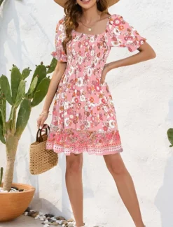 Women's Mini Dress Petite Dress Casual Dress Summer Dress Boho Dress Elegant Stylish Lantern Sleeve Vacation Daily Date Regular Fit Floral Short Sleeve Square Neck Black Pink Blue Summer