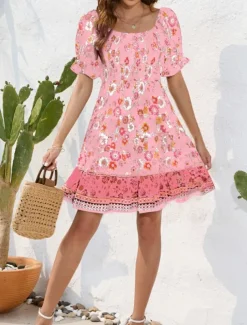 Women's Mini Dress Petite Dress Casual Dress Summer Dress Boho Dress Elegant Stylish Lantern Sleeve Vacation Daily Date Regular Fit Floral Short Sleeve Square Neck Black Pink Blue Summer