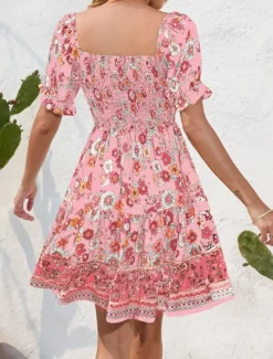 Women's Mini Dress Petite Dress Casual Dress Summer Dress Boho Dress Elegant Stylish Lantern Sleeve Vacation Daily Date Regular Fit Floral Short Sleeve Square Neck Black Pink Blue Summer