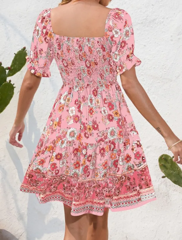 Women's Mini Dress Petite Dress Casual Dress Summer Dress Boho Dress Elegant Stylish Lantern Sleeve Vacation Daily Date Regular Fit Floral Short Sleeve Square Neck Black Pink Blue Summer