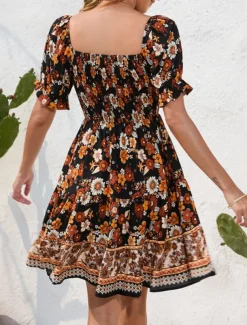 Women's Mini Dress Petite Dress Casual Dress Summer Dress Boho Dress Elegant Stylish Lantern Sleeve Vacation Daily Date Regular Fit Floral Short Sleeve Square Neck Black Pink Blue Summer
