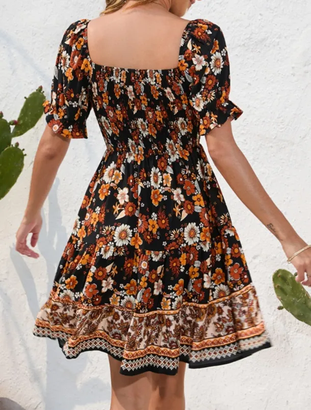 Women's Mini Dress Petite Dress Casual Dress Summer Dress Boho Dress Elegant Stylish Lantern Sleeve Vacation Daily Date Regular Fit Floral Short Sleeve Square Neck Black Pink Blue Summer