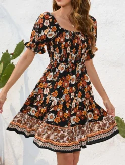 Women's Mini Dress Petite Dress Casual Dress Summer Dress Boho Dress Elegant Stylish Lantern Sleeve Vacation Daily Date Regular Fit Floral Short Sleeve Square Neck Black Pink Blue Summer