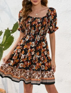 Women's Mini Dress Petite Dress Casual Dress Summer Dress Boho Dress Elegant Stylish Lantern Sleeve Vacation Daily Date Regular Fit Floral Short Sleeve Square Neck Black Pink Blue Summer