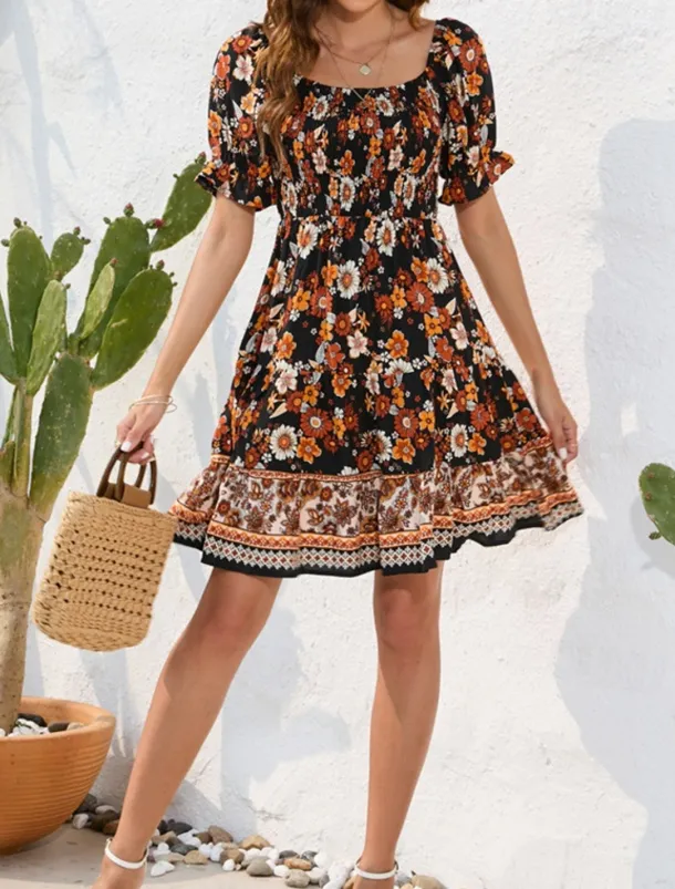 Women's Mini Dress Petite Dress Casual Dress Summer Dress Boho Dress Elegant Stylish Lantern Sleeve Vacation Daily Date Regular Fit Floral Short Sleeve Square Neck Black Pink Blue Summer