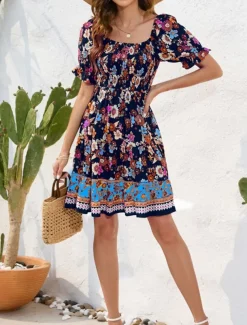 Women's Mini Dress Petite Dress Casual Dress Summer Dress Boho Dress Elegant Stylish Lantern Sleeve Vacation Daily Date Regular Fit Floral Short Sleeve Square Neck Black Pink Blue Summer