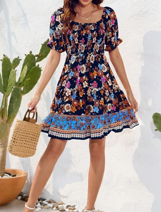 Women's Mini Dress Petite Dress Casual Dress Summer Dress Boho Dress Elegant Stylish Lantern Sleeve Vacation Daily Date Regular Fit Floral Short Sleeve Square Neck Black Pink Blue Summer