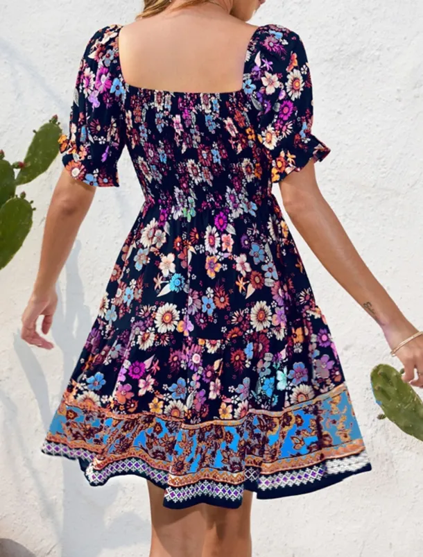 Women's Mini Dress Petite Dress Casual Dress Summer Dress Boho Dress Elegant Stylish Lantern Sleeve Vacation Daily Date Regular Fit Floral Short Sleeve Square Neck Black Pink Blue Summer