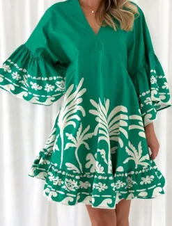 Women's Mini Dress Petite Dress Casual Dress Boho Dress Vintage Casual Vacation Daily Regular Fit Floral 3/4 Length Sleeve V Neck Green Spring Fall