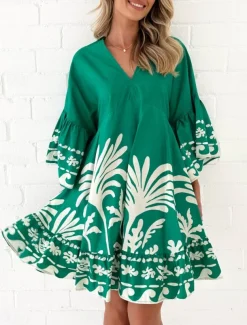 Women's Mini Dress Petite Dress Casual Dress Boho Dress Vintage Casual Vacation Daily Regular Fit Floral 3/4 Length Sleeve V Neck Green Spring Fall