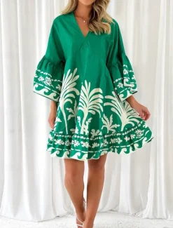 Women's Mini Dress Petite Dress Casual Dress Boho Dress Vintage Casual Vacation Daily Regular Fit Floral 3/4 Length Sleeve V Neck Green Spring Fall