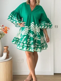 Women's Mini Dress Petite Dress Casual Dress Boho Dress Vintage Casual Vacation Daily Regular Fit Floral 3/4 Length Sleeve V Neck Green Spring Fall