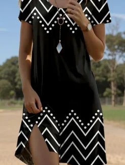 Women's Mini Dress Petite Dress T Shirt Dress Tee Dress A Line Dress Summer Dress Stylish Casual Daily Regular Fit Graphic Geometric Short Sleeve Crew Neck Black Summer Spring