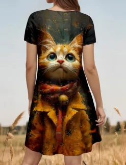 Women's Mini Dress Petite Dress T Shirt Dress Tee Dress A Line Dress Summer Dress Vacation Casual Daily Regular Fit Graphic Animal Cat Short Sleeve Crew Neck Brown Summer Spring