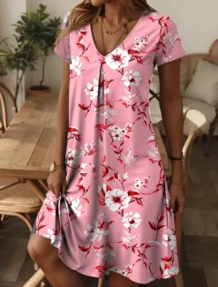 Women's Mini Dress Petite Dress Casual Dress Sundress A Line Dress Summer Dress Elegant Vacation Stylish Vacation Daily Regular Fit Floral Graphic Ditsy Floral Short Sleeve Crew Neck Pink Blue