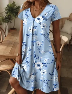 Women's Mini Dress Petite Dress Casual Dress Sundress A Line Dress Summer Dress Elegant Vacation Stylish Vacation Daily Regular Fit Floral Graphic Ditsy Floral Short Sleeve Crew Neck Pink Blue