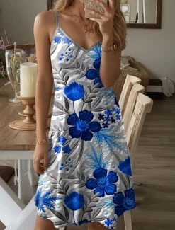 Women's Mini Dress Petite Dress A Line Dress Summer Dress Slip Dress Off The Shoulder Dress Vacation Casual Vacation Daily Regular Fit Floral Graphic Sleeveless V Neck Yellow Blue Fuchsia Green Summer