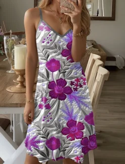 Women's Mini Dress Petite Dress A Line Dress Summer Dress Slip Dress Off The Shoulder Dress Vacation Casual Vacation Daily Regular Fit Floral Graphic Sleeveless V Neck Yellow Blue Fuchsia Green Summer