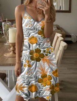 Women's Mini Dress Petite Dress A Line Dress Summer Dress Slip Dress Off The Shoulder Dress Vacation Casual Vacation Daily Regular Fit Floral Graphic Sleeveless V Neck Yellow Blue Fuchsia Green Summer