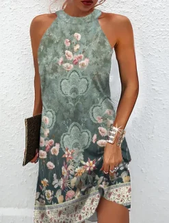 Women's Mini Dress Petite Dress Sundress Summer Dress Halter Neck Dress Active Fashion Streetwear Outdoor Vacation Daily Regular Fit Floral Sleeveless Halter Neck Light Green Royal Blue