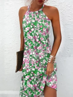Women's Mini Dress Petite Dress Sundress Summer Dress Halter Neck Dress Active Fashion Streetwear Outdoor Vacation Daily Regular Fit Floral Sleeveless Halter Neck Light Green Royal Blue