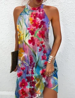 Women's Mini Dress Petite Dress Sundress Summer Dress Halter Neck Dress Active Fashion Streetwear Outdoor Vacation Daily Regular Fit Floral Sleeveless Halter Neck Light Green Royal Blue