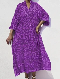 Women's Mini Dress Shift Dress A Line Dress Vacation Casual Boho Outdoor Going out Beach Loose Fit Floral Graphic Geometric Long Sleeve V Neck Pink Blue Purple Brown Summer Spring