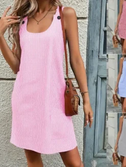 Women's Mini Dress Shift Dress Slip Dress Casual Outdoor Going out Regular Fit Stripe Sleeveless U Neck Black Pink Red Blue Summer