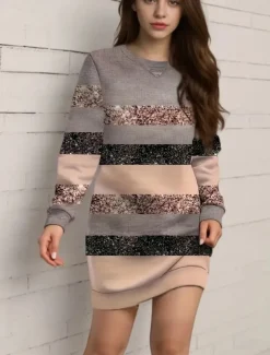 Women's Mini Dress Shift Dress Vacation Casual Daily Sports Holiday Regular Fit Geometric Color Block Long Sleeve Crew Neck Pink Purple Fall Winter