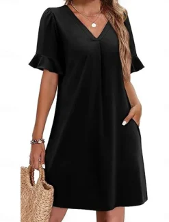 Women's Mini Dress Summer Dress Casual Daily Regular Fit Plain Short Sleeve V Neck Black Blue Fuchsia Green Summer