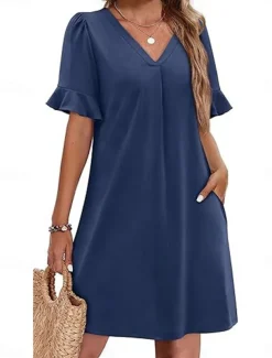 Women's Mini Dress Summer Dress Casual Daily Regular Fit Plain Short Sleeve V Neck Black Blue Fuchsia Green Summer